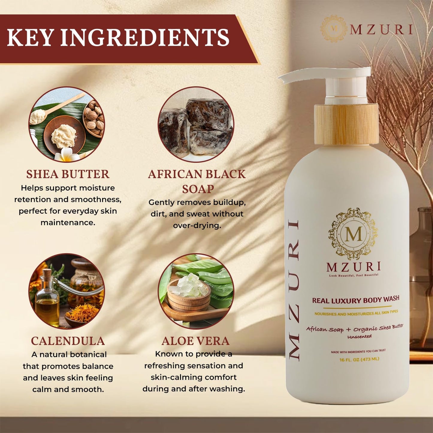 MZURI Unscented Body Wash, African Black Soap, Organic Shea Butter, and Calendula, Moisturizing, Hydrating, and Gentle Formula for Dry, Sensitive Skin, Paraben-Free Luxury Body Wash - 16 Fl. Oz
