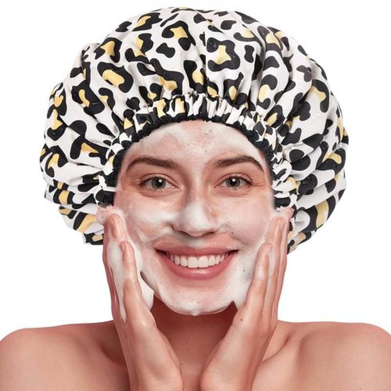 Shower Cap for Women Terry Lined Bath Cap Large Reusable Waterproof Elastic Band Leopard Shower Caps for Long Thick Hair Soft Bath Shower Hair Caps