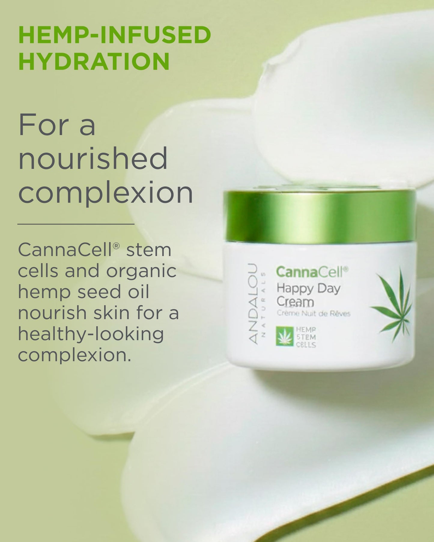 Andalou Naturals Cannacell Happy Day Cream - Hydrating Face Moisturizer with Nourishing Stem Cells - Rich in Vitamins, Plant-Based Proteins, & Omegas for Glowing Skin - 1.7 Fl Oz