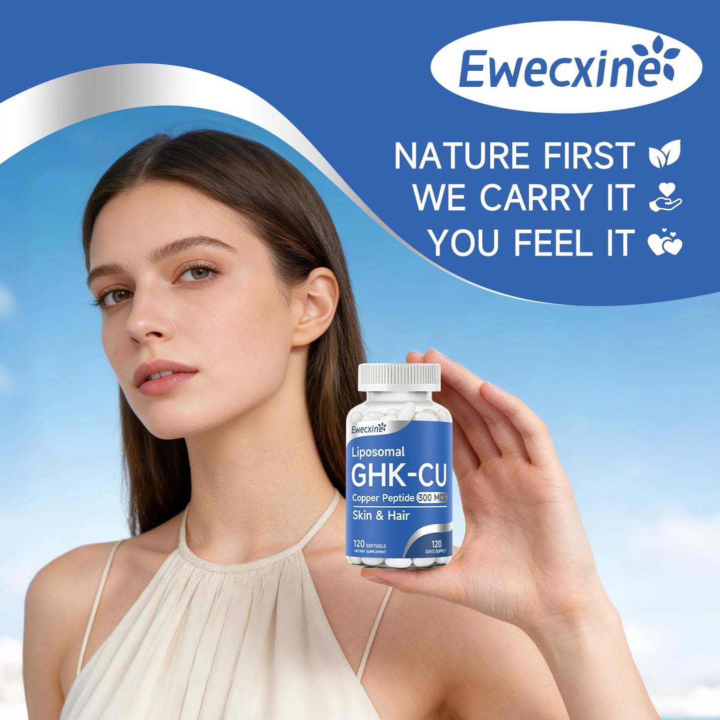 Ewecxine GHK-Cu Copper Peptide Supplement, 300 mcg per Serving, Liposomal Formula, 120 Softgels – Beauty Support Matrix with Biotin, Phytoceramides & Herbal Blend