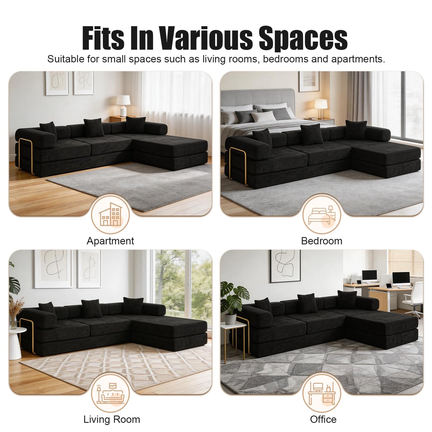 Mojolion Modular Sectional Sofa, 108" L-Shaped Corduroy Couch with Deep Seat, Boneless Cloud Cushion,Modular Sofa Bed with Fixed-Shape Frame for Living Room No Assembly Required (Black)