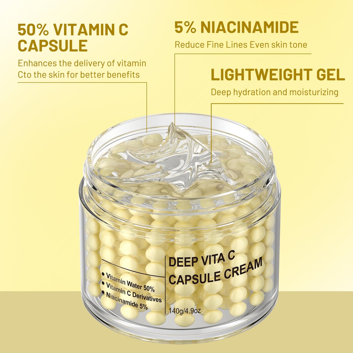 IREV Deep Vitamin C Capsule Face Moisturizer, Moisturizing Facial Cream, Transparent Gel for Radiant Skin, Hydrating Night Face Skin Care, Jelly Cream for Dull, Uneven Tone 4.9 OZ