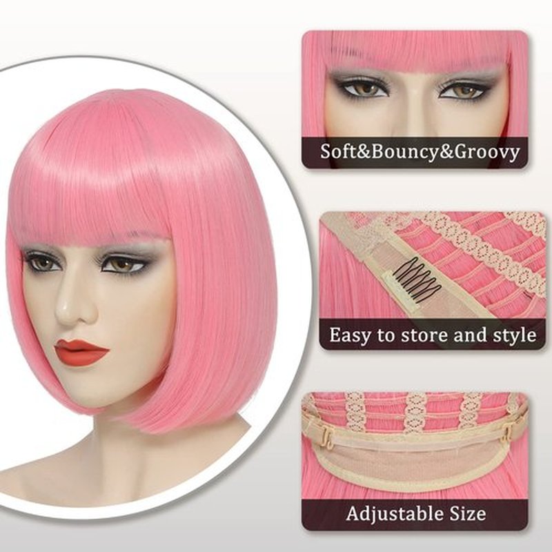 YBYMCAI Pink Bob Wig With Bangs Short Pink Bob Wigs For Women Straight Bob Bangs Wig 10 Inch Heat Resistant Synthetic Hair Natural Looking For Daily Party Use