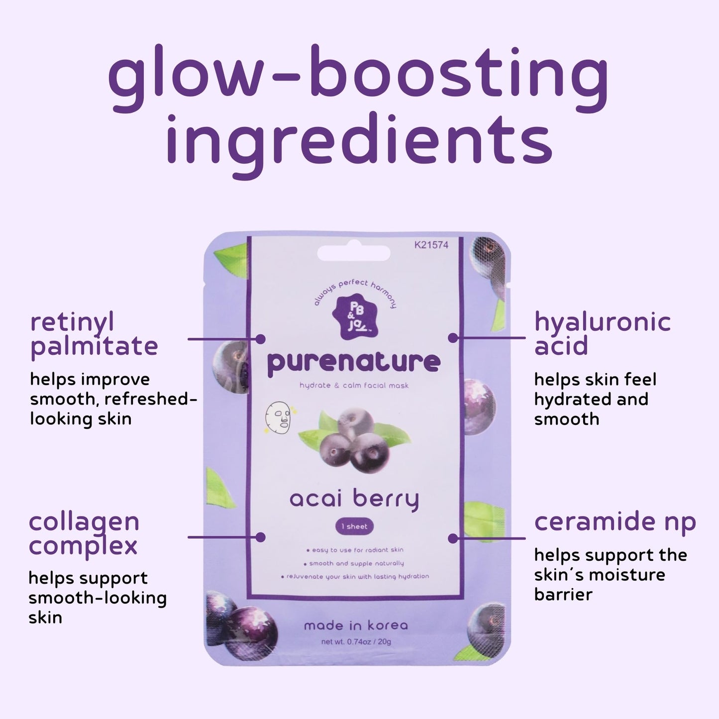 PB & JAY Acai Berry Sheet Mask | Korean Face Mask (1 Count)