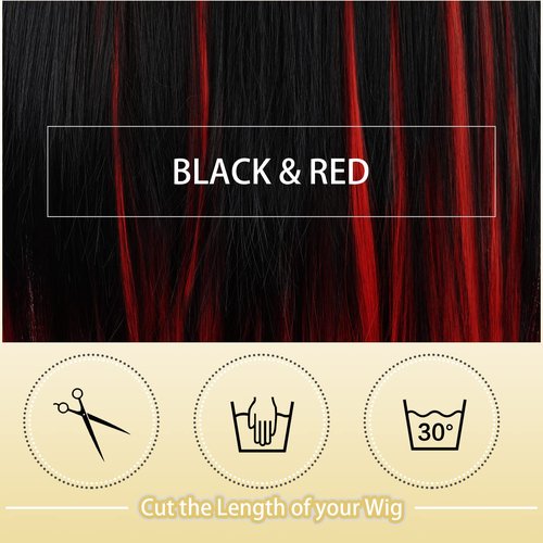 SOFEIYAN Long Straight Wig with Bangs Black&Red Synthetic Hair Replacement Wigs Heat Resistant Full Wig for Women Girls 26 inches