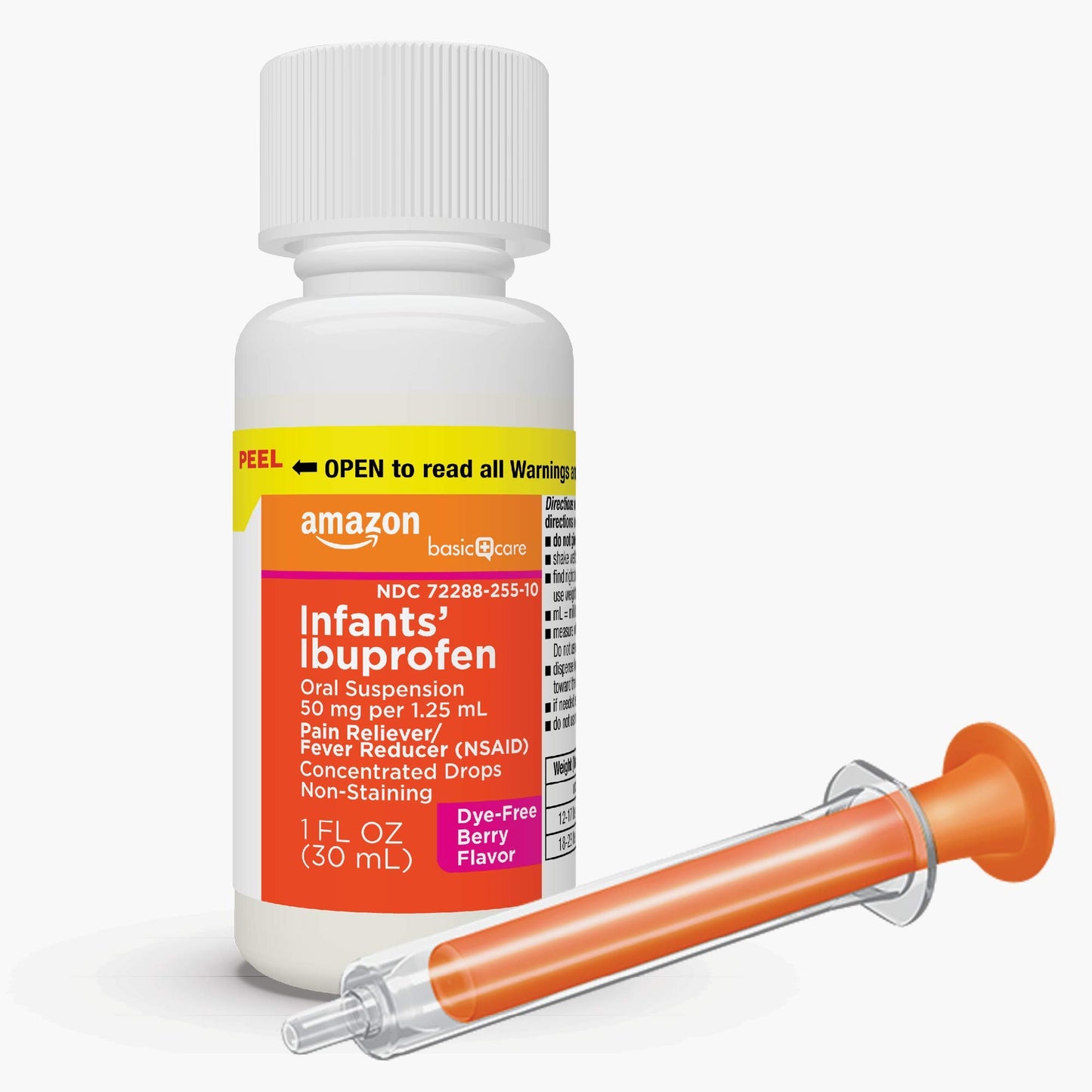 Amazon Basic Care Infants' Ibuprofen Oral Suspension, Pain Reliever and Fever Reducer, 50 mg/1.25 mL, Berry Flavor Concentrated Drops, Dye-Free, 1 fl oz (Pack of 1)