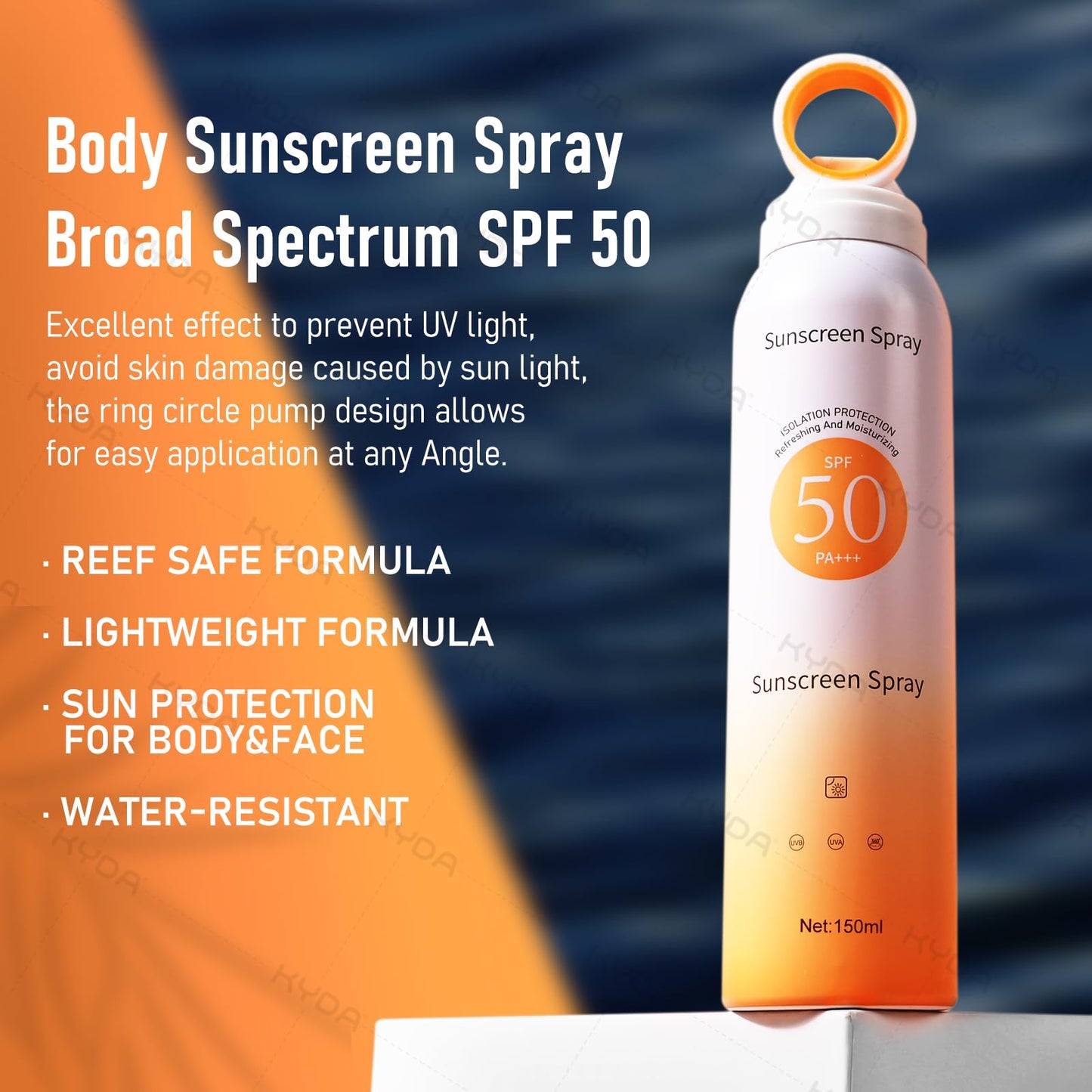 KYDA Reef Safe Sunscreen Spray, SPF 50 Body Sunscreen Infused with Vitamin E, 360° Mist, Lightweight Non-Greasy, Water Resistant, UV Protection for Face and Body, 5.07 fl oz