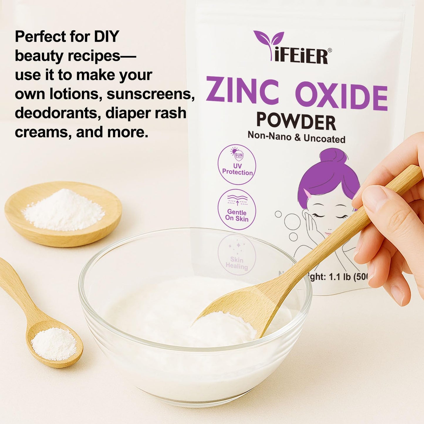 iFEiER Zinc Oxide Powder | 500g(1.1 lb) 100% Pure Non Nano Uncoted Zinc Oxide Powder for Skin Protection | Cosmetics Grade Ideal for DIY Sunscreen, Lotion, Deodorant, and Skincare