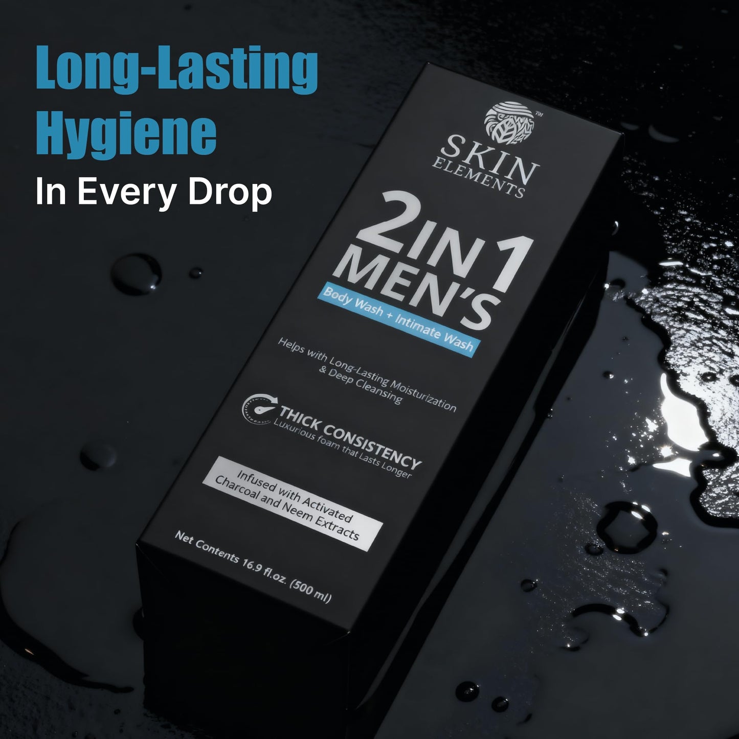Skin Elements 2-in-1 Body Wash & Intimate Wash for Men| Deep Cleansing Shower Gel| Infused with Activated Charcoal & Neem Extracts| Thicker Consistency | Controls Odor| All Skin Types | 16.9 fl oz