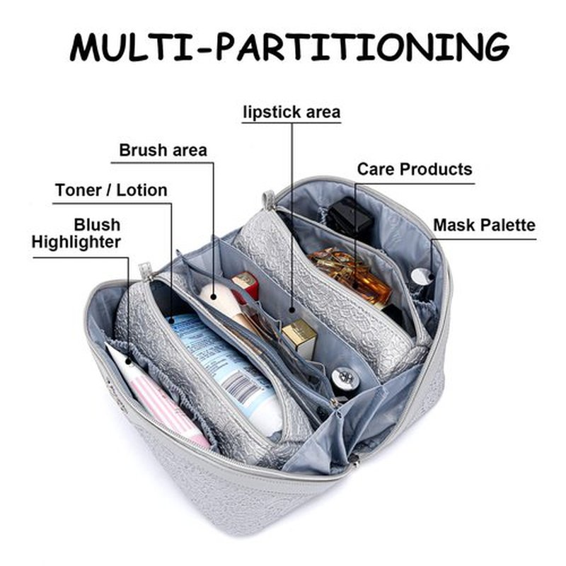 Travel Makeup Bags Cosmetic Organizer Bag: 3-Set Large Capacity Make up Bag - PU Leather Toiletry Bag for Women - Wide Open Portable Pouch with Divider & Handle (02-Z-Silver)