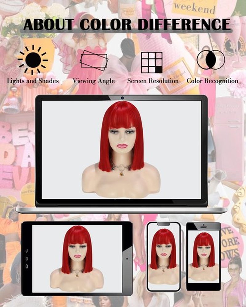 MeaYOO Red Wig with Bangs for Women,12 Inch Red Bob Wig Short Wigs Natural Looking Straight Synthetic Heat Resistant Fiber Wigs for Girls Daily Party Use Shoulder Length Colorful Wig Cosplay Wigs
