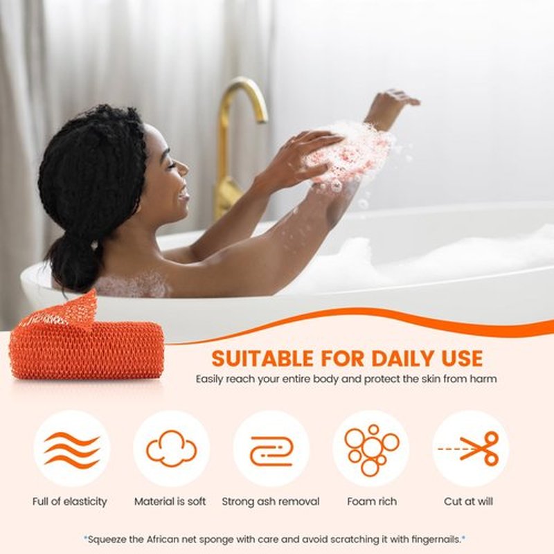 ZOCY African Net Sponge, Authentic Exfoliating Body Scrubber for Bath and Shower, Multiple Textures with Gentle Deep Exfoliating and Rich Lather for All Skins (Orange)