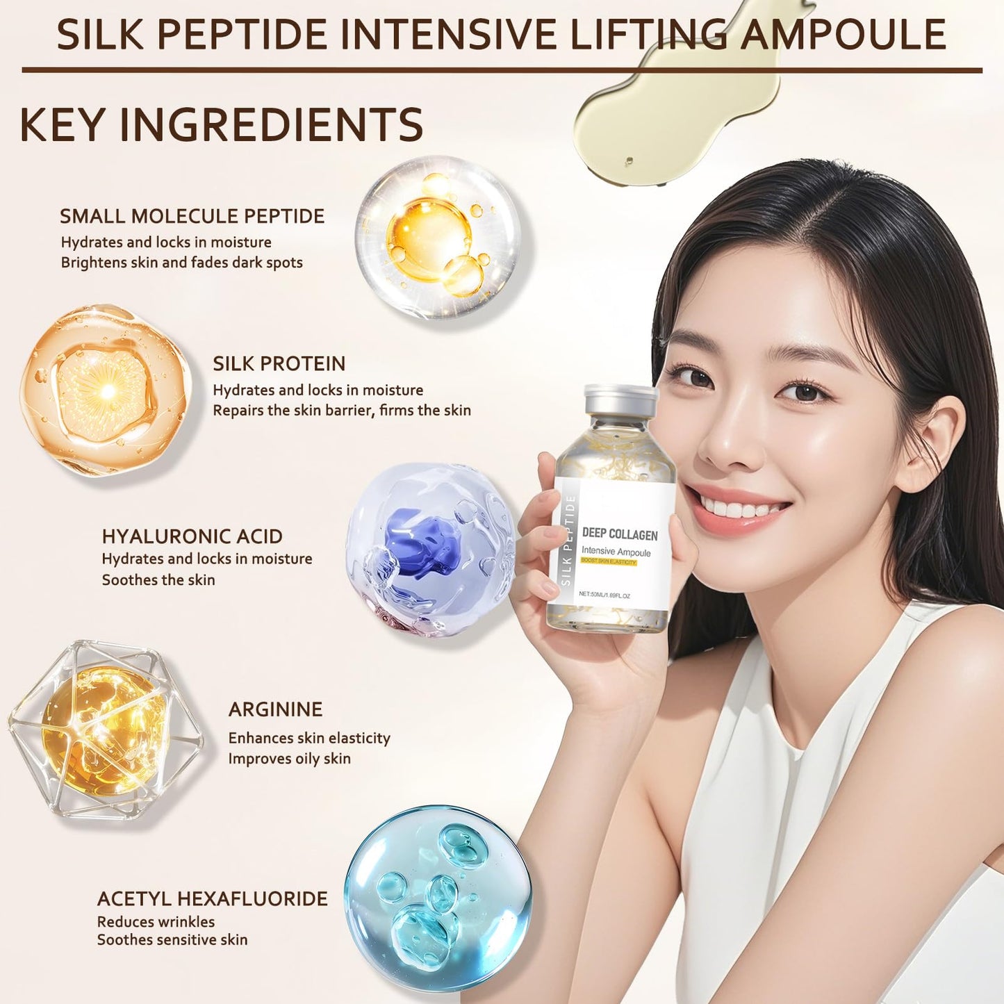 Deep Collagen Anti-Wrinkle Cream In Serum - Deep Collagen Silk Peptide Intensive Lifting Ampoule Serums for Face Tightening and Lifting, Korean Anti Aging Face Serum for Women 1.7fl.Oz/50ml