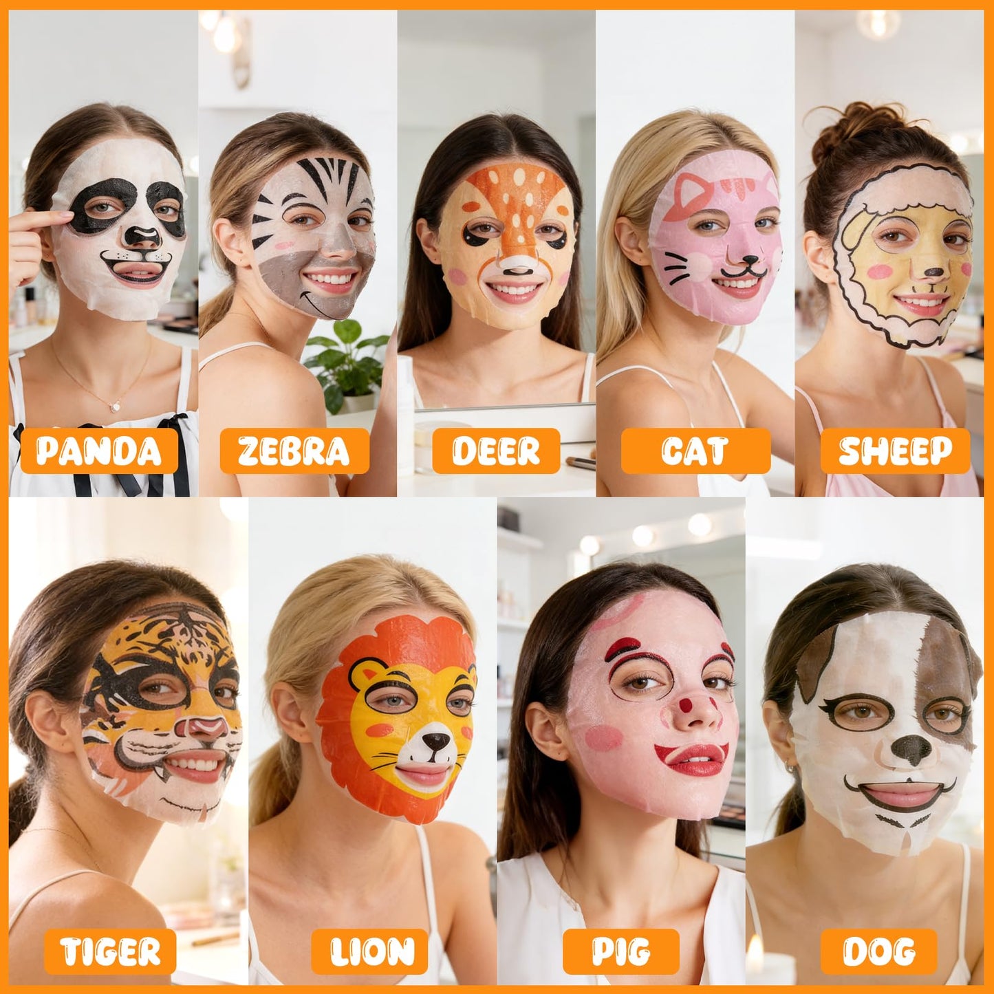 Beenefits 9 Packs Animal Character Facial Masks, Deep Hyrating Spa Masks for All Skin Types, Gift for Kids' Birthady Party, Enjoy Skincare Life, Girl's Night