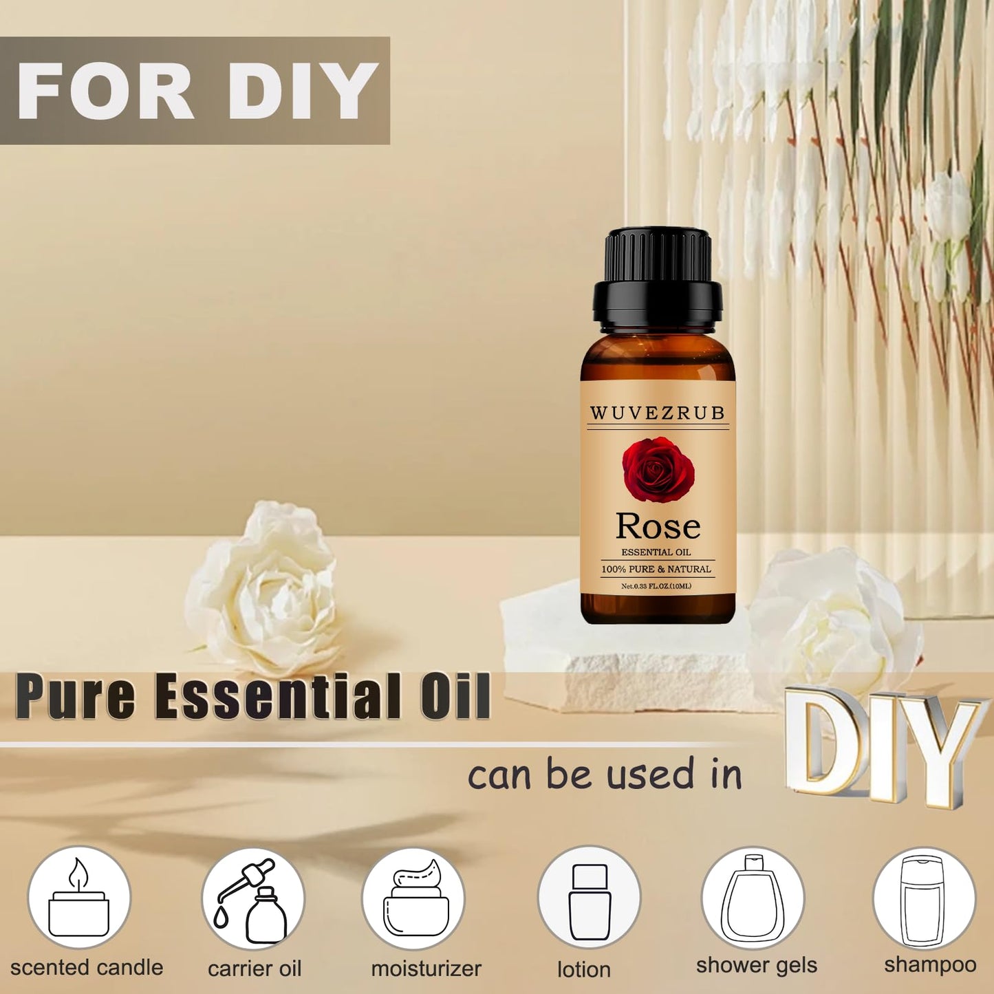 Wuvezrub Rose Essential Oils 10ML, 100% Pure and Natural Essential Oil for Aromatherapy Diffuser - 0.33 Fl Oz/Rose