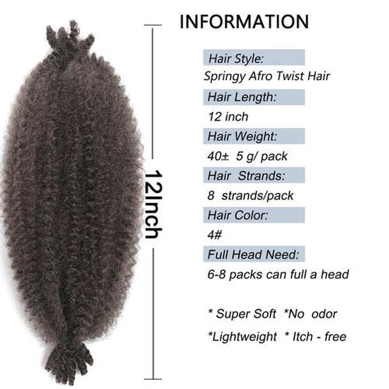 12 Inch Springy Afro Twist Hair 8 Packs Marley Twist Braiding Hair Pre-fluffed Spring Twist Hair Afro Twist Hair Marley Hair for Faux Locs (12 Inch (Pack of 8), 4# Marley Twist)