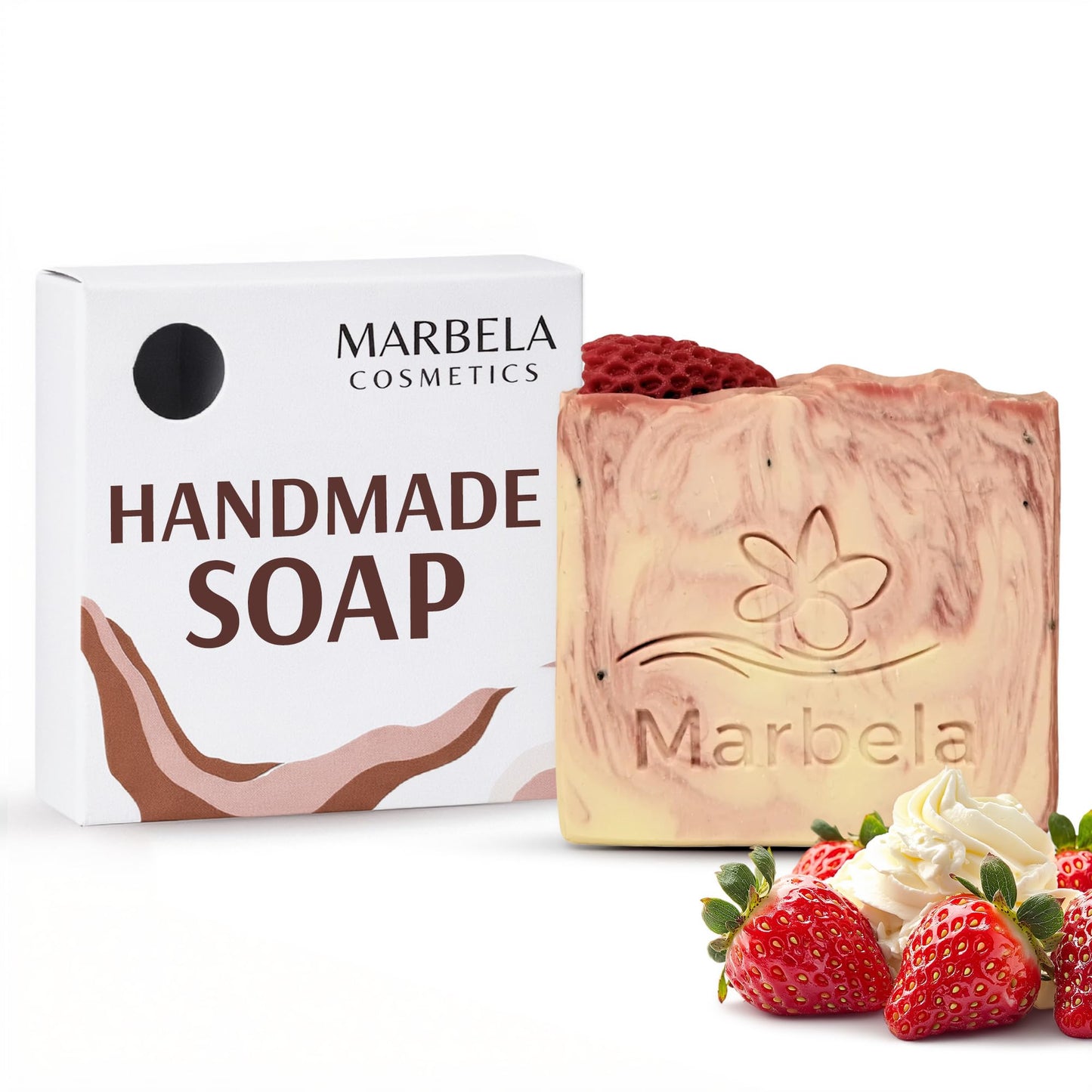 Marbela Cosmetics Handmade Soap Bar - Made in USA, Vegan Friendly, Palm Oil Free, Natural Bar Soap - Gentle Face & Body Soap for Daily Skin Care, Moisturizing - 3.5 oz (Strawberries and Cream)