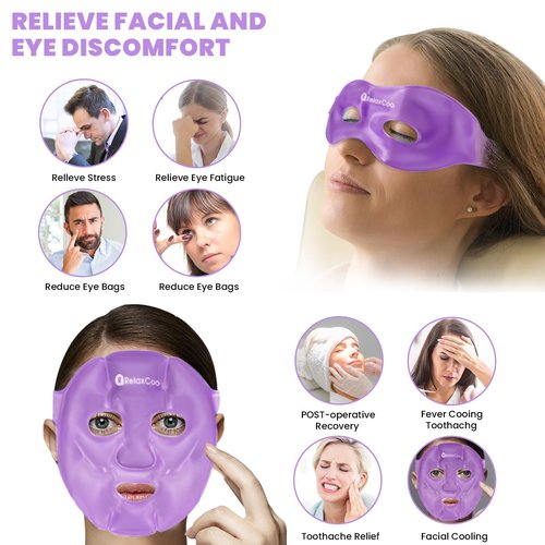 RelaxCoo Ice Face Eye Mask for Dark Circles and Puffiness Cold Warm Compress, Gel Cold Cooling Face Mask Package for Women and Men, Migraines, Headache, Stress and Relaxation Purple