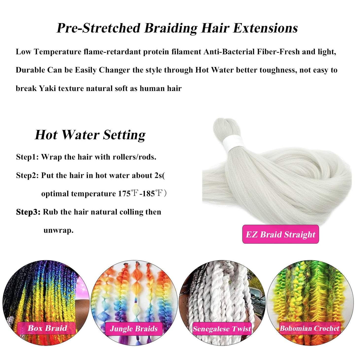 Silver Grey Braiding Hair Pre Stretched Kanekalo Gray Braiding Hair Extensions for Braiding Box Braids Micro Crochet Long Jumbo Knotless Kids Pre Curled Prestressed Braiding Hair 26 inch 3 packs