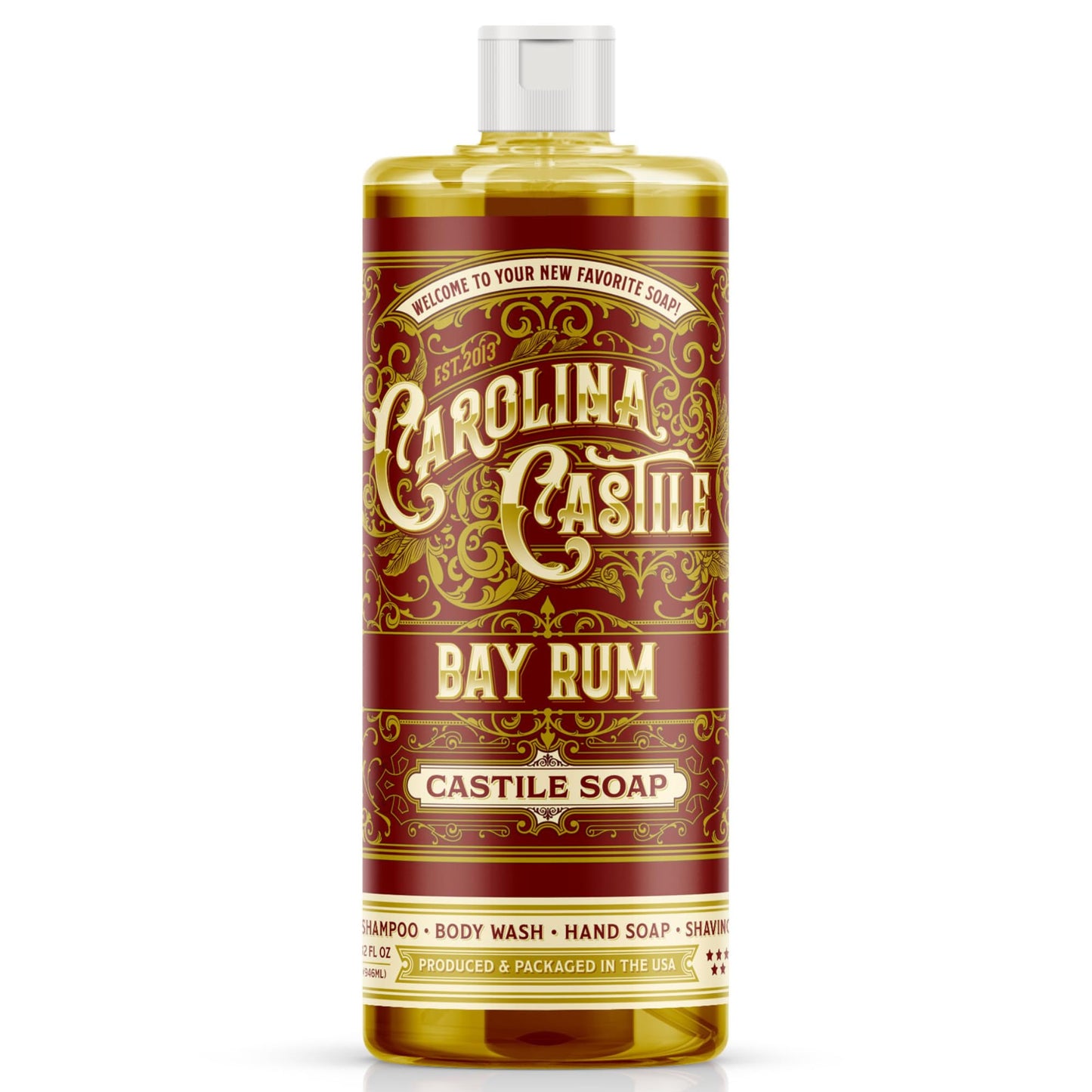 Carolina Castile Soap Bay Rum Scent – Certified Organic Base, High Olive Oil Content, Non-Drying, Made with Organic Oils, Concentrated Natural Body Wash for Men and Women (Bay Rum, 32 Fl Oz)