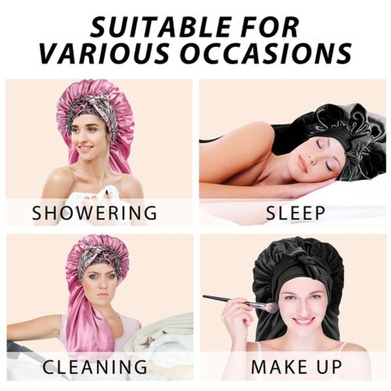 2Pack Bonnets for Black Women Braid Bonnet, Large Long Bonnet Satin Bonnet for Braids,Black Women Silk Bonnet with Stretchy Tie Band Braid Bonnet for Sleeping Extra Long (Black&Pink Pattern)