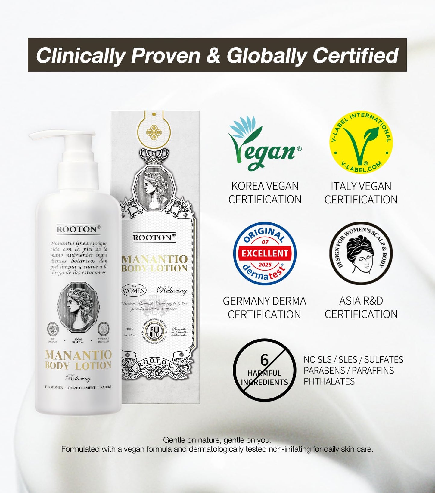 ROOTON Manantio Women’s Vegan Body Lotion, Premium Customized Care for Smooth Texture, Wrinkle Care, Firmness & Deep Hydration, Improves Skin Elasticity and Moisture Balance, 300ml / 10.14 fl oz