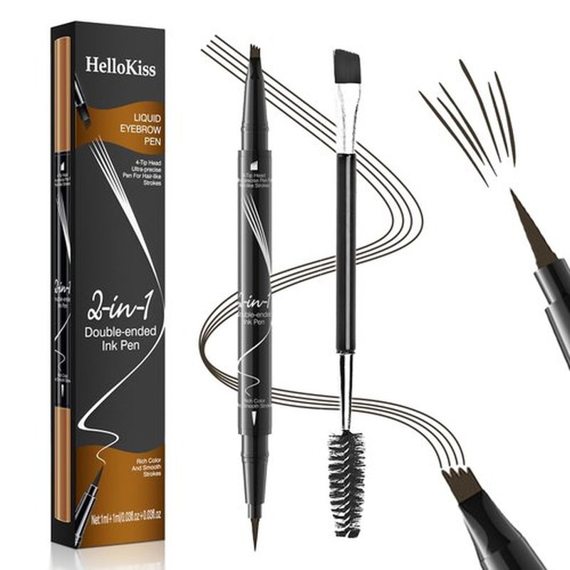 Eyebrow Pen, Microblading Eyebrow Pencil, 2-in-1 Natural Brow Eyebrow Pen with 4-Fork-Tip & Precise Brush-Tip Create Natural-Looking Brows, Stay on All Day, with Dual-ended Brow Brush, Dark Brown