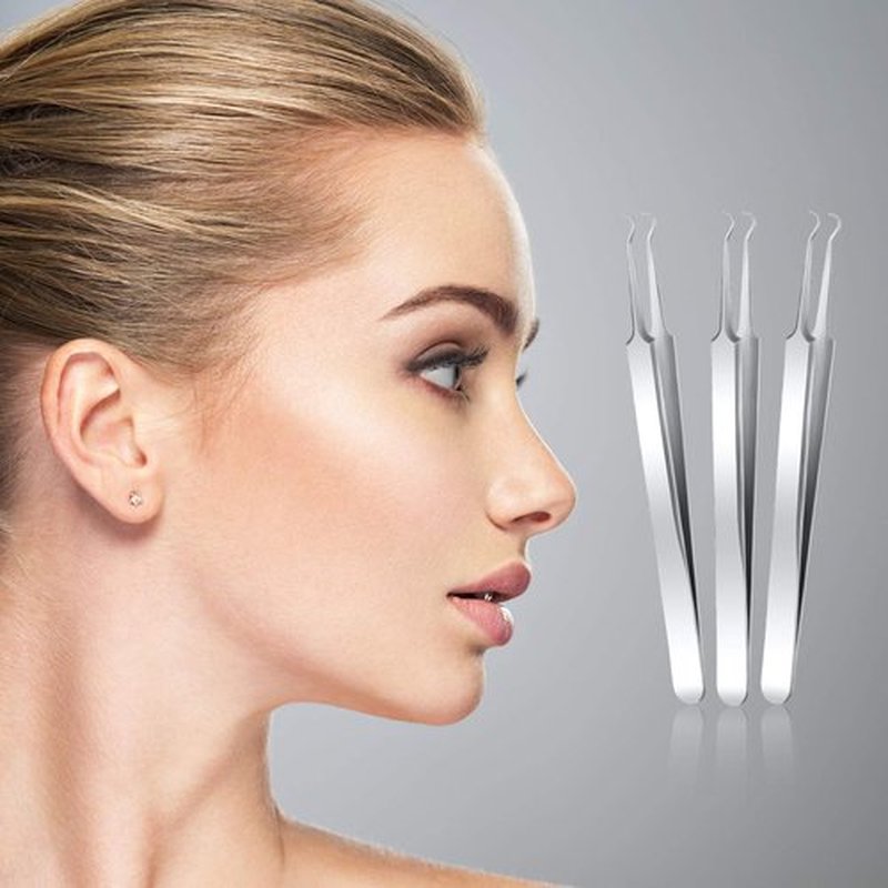 Honoson 3 Pcs Blackhead Tweezer Stainless Steel Pimple Tweezers Extractor Tool for Remove Blackhead Zit Whitehead Pimple Bend Curved Tweezer Skin Blackhead Remover Tools(Silver)