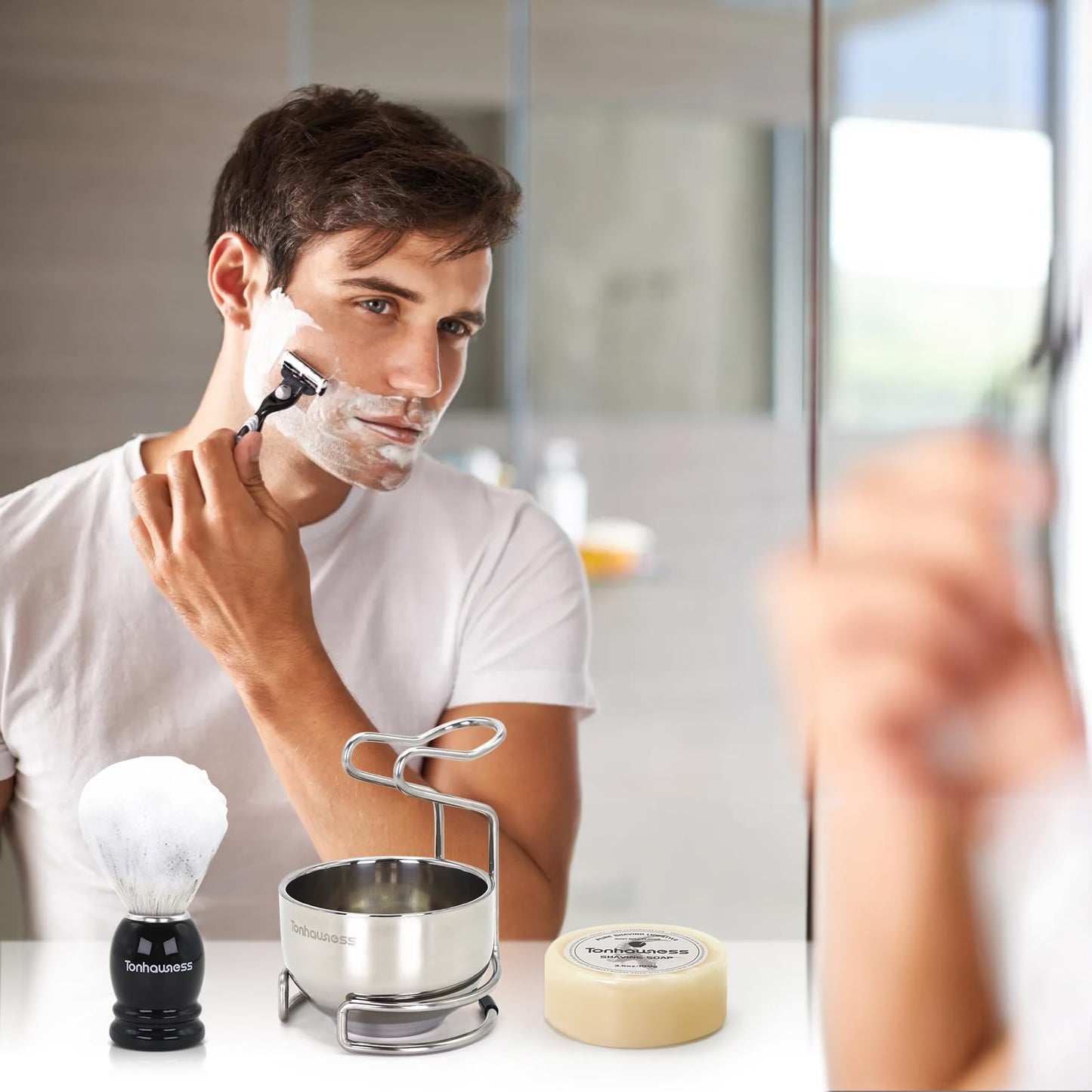 Tonhawness Shaving Brush Kit for Men, 4 in 1 Shaving Brushes Set Includes Nylon Bristle Shave Brush, Shaving Bowl & Stand and Shaving Soap Kit for Men’s Shave Gift