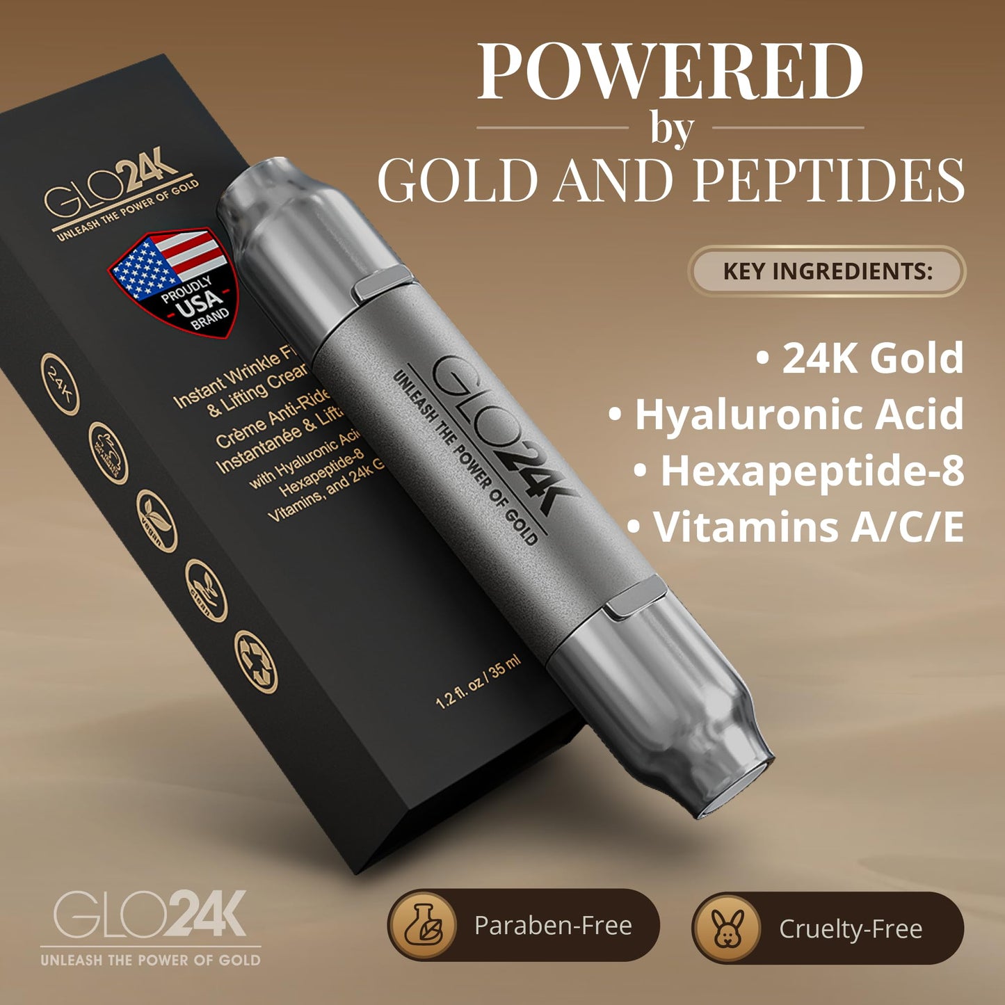 GLO24K Instant Wrinkle Filler for Face, XL Lifting Cream for Eye and Face, Lift and Tightening Non-Invasive with Hyaluronic Acid, 24k Gold, Peptides and Vitamins for Youthful Appearance, 1.2 fl oz