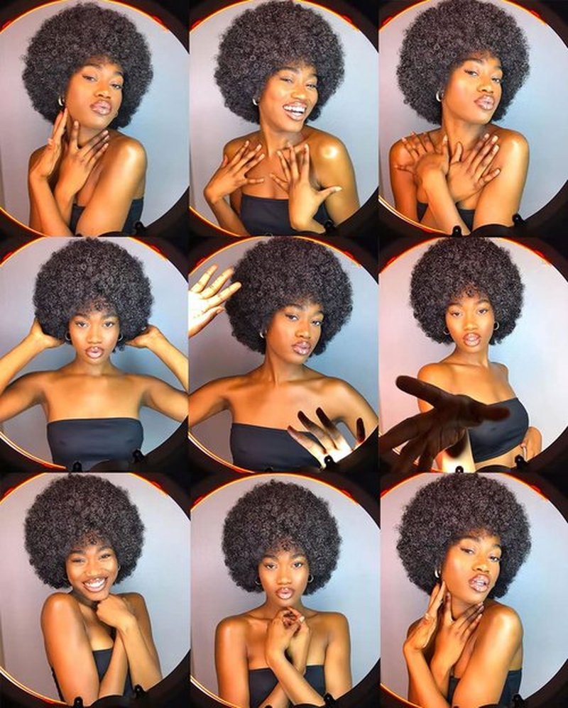 HIHOO Short Afro Wig with Bangs for Black Women Afro Kinky Curly Wig 70s Premium Synthetic Big Afro Wig(Black)