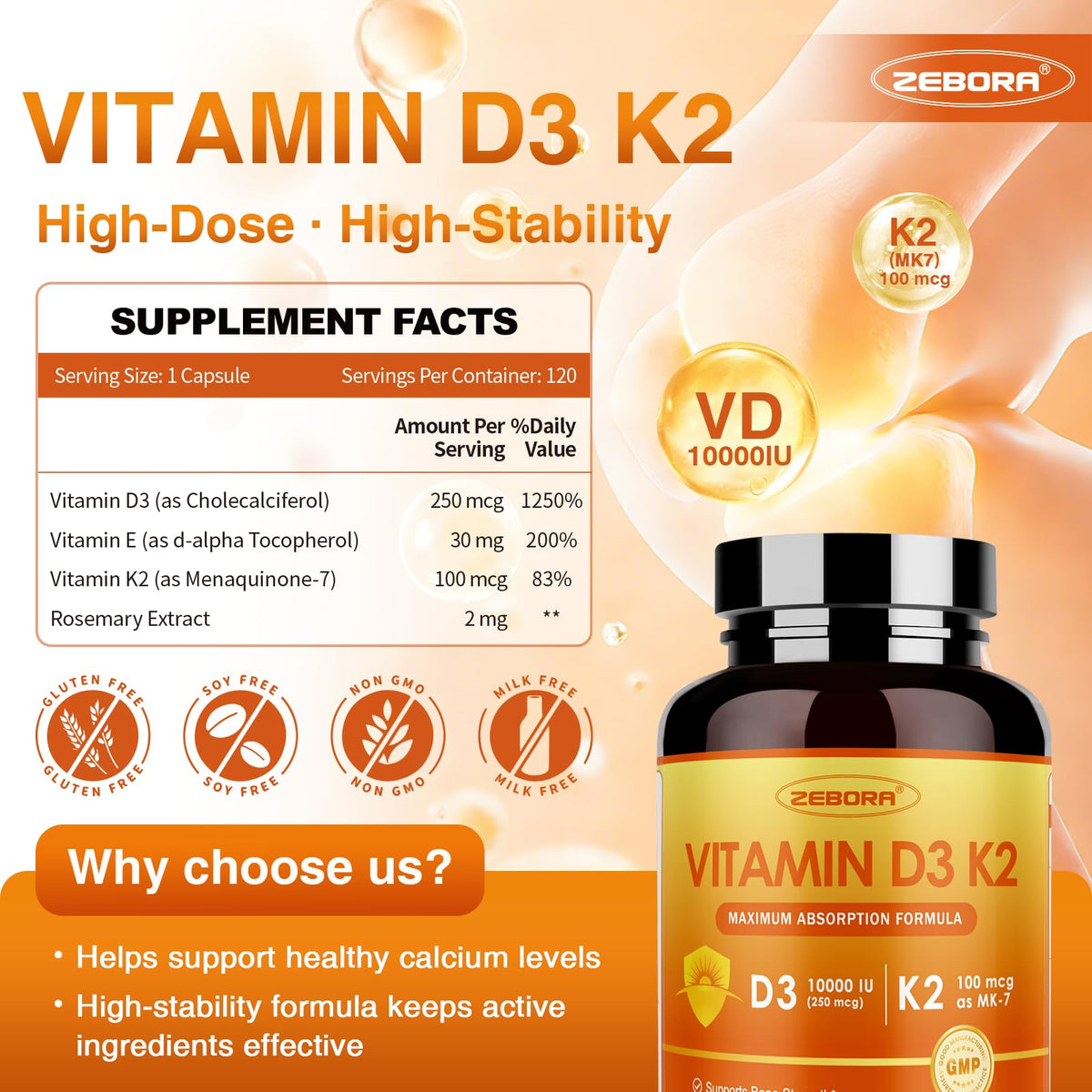 ZEBORA Vitamin D3 K2 - Maximum Strength 10000IU D3 & 100mg K2 as MK-7 - Heart, Bone, Immune Health & Antioxidan Defenses Support - Gluten-Free, Non-GMO, 120 Capsules