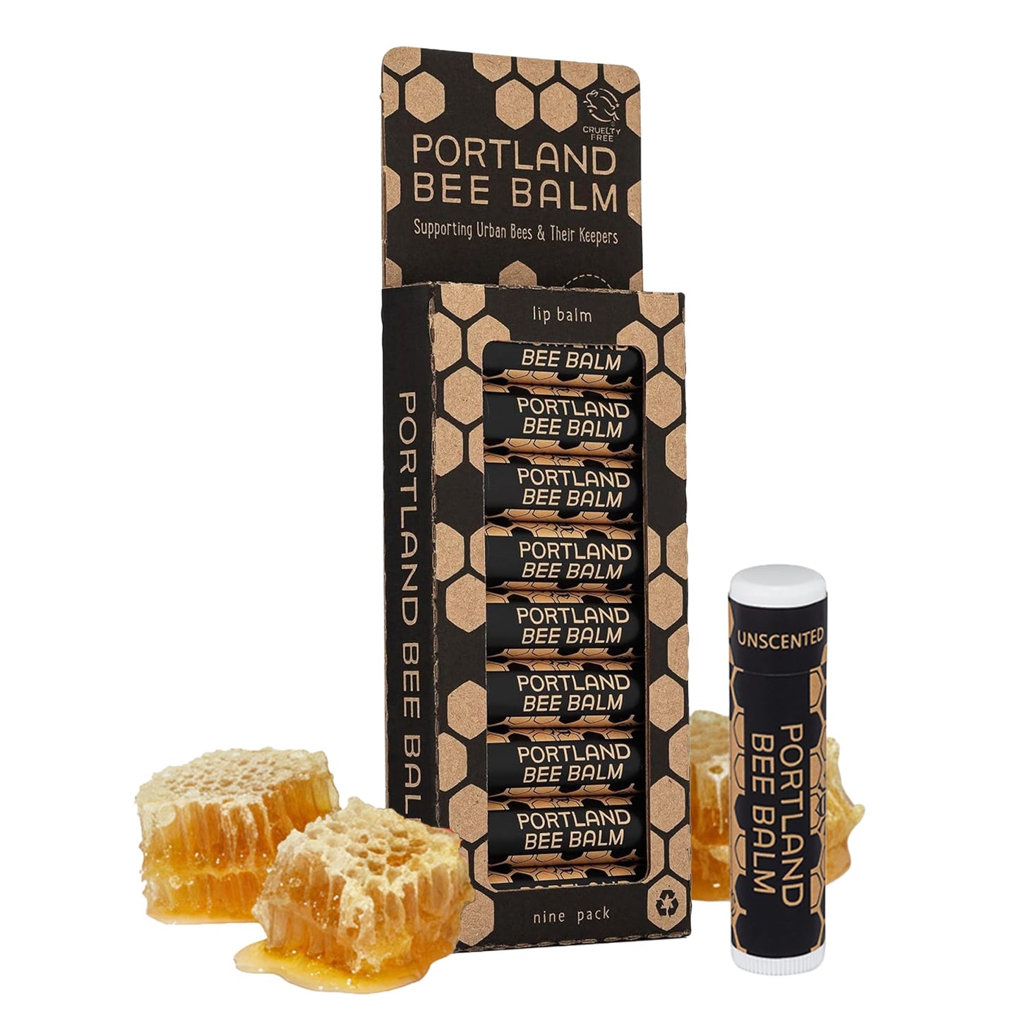 Portland Bee Balm All Natural Handmade Beeswax Lip Balm with Organic Coconut and Olive Oil (Unscented) - 9 Count | Natural Lip Balm, Cruelty Free, Plastic Neutral, | Organic Lip Balm