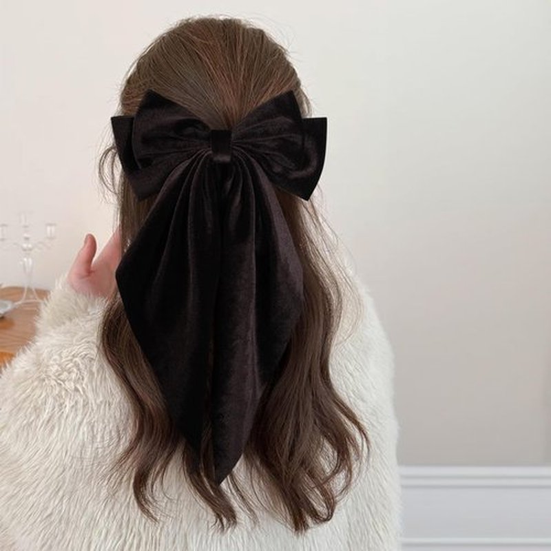 Fall Brown Velvet ribbon Hair Bow Barrettes for Women Girls Thick Hair Big Velvet Hair Bow Clips with Long Tail Her Winter outfit Dress Decoration Accessories