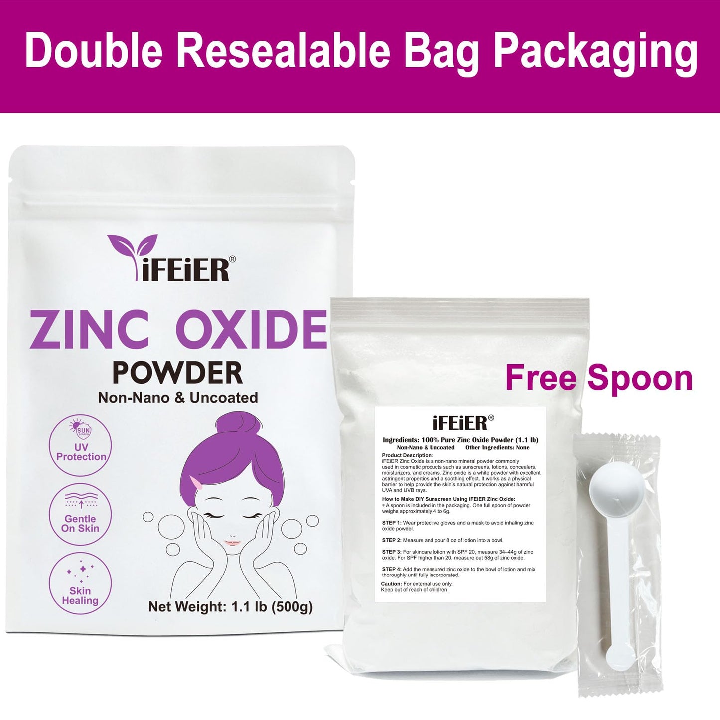 iFEiER Zinc Oxide Powder | 500g(1.1 lb) 100% Pure Non Nano Uncoted Zinc Oxide Powder for Skin Protection | Cosmetics Grade Ideal for DIY Sunscreen, Lotion, Deodorant, and Skincare