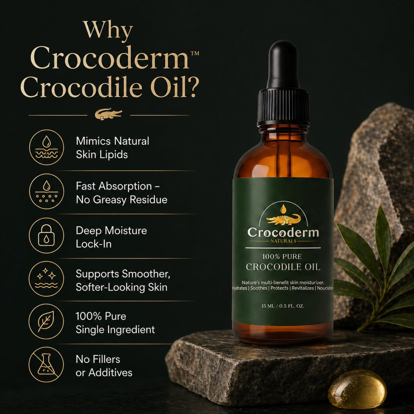 Crocoderm Pure Crocodile Oil – Fast Absorbing Skin Moisturizer for Face & Body – 100% Single Ingredient – Lightweight, Non-Greasy Hydration (15mL)