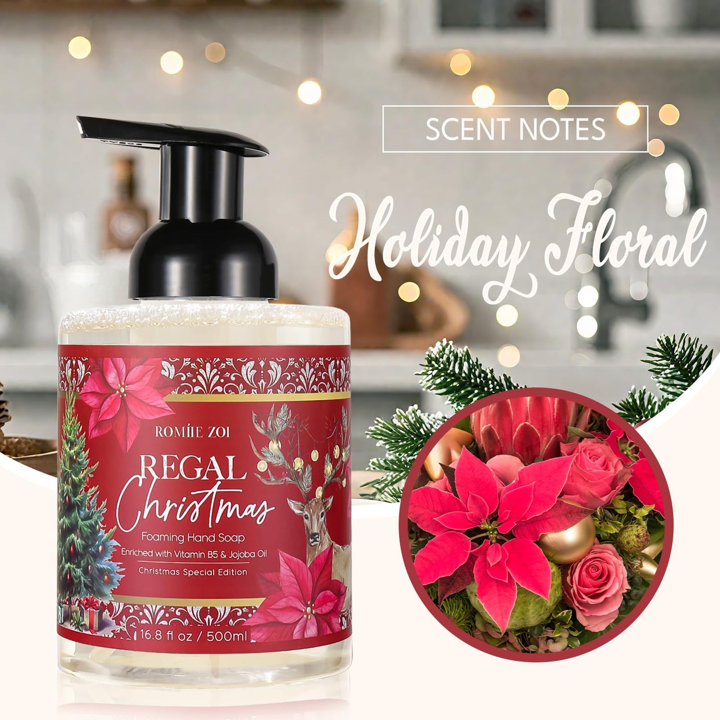 ROMIIE ZOI Christmas Foaming Hand Soap with Gift Box- Regal Christmas, Infused with Holiday Floral- 500ml/ 16.8oz