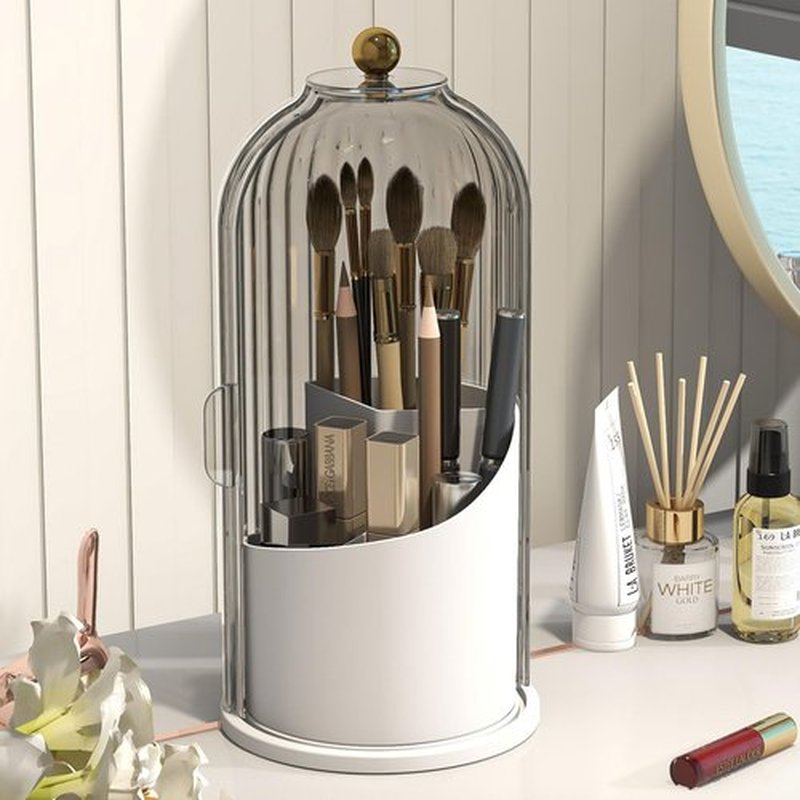 Emljkvp Makeup Brush Holder with Dustproof Cover 360 Rotating Makeup Brush Organizer for Vanity Bathroom, Grey