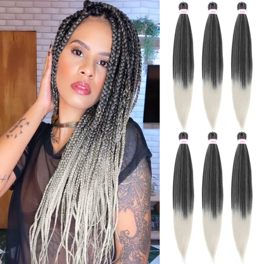 32 Inch Pre Stretched Braiding Hair Ombre Grey Long Crochet Braid Hair Yaki Braiding Hair Pre Stretched Hot Water Set Synthetic Braids(1B/Grey, 6packs, 32inch)