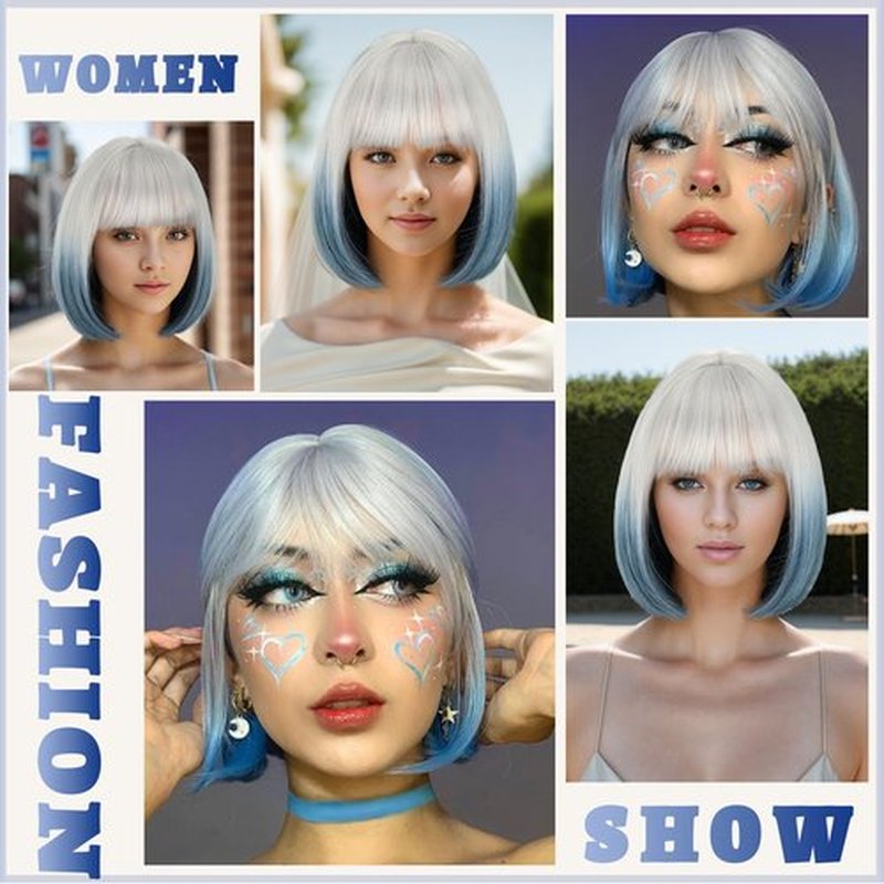 WERD Short Blue Bob Wig for Women Blue Wig with Bangs Synthetic Hair Light Blue Bob Wig for Daily Party Cosplay（Grey to Blue）
