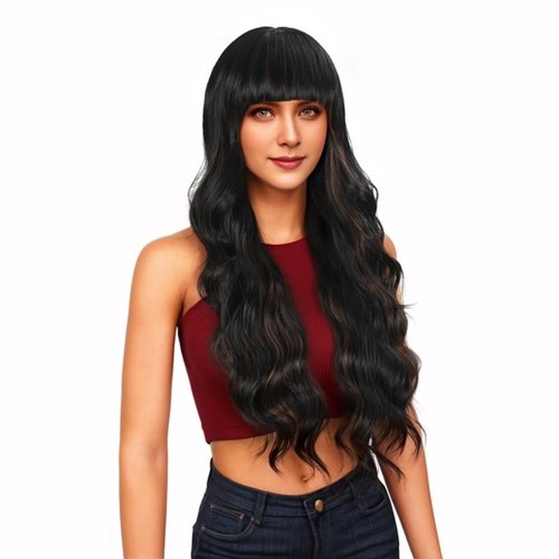 UNNYMGER Black Mixed Brown Wigs with Bangs,Long Curly Wig for Women Long Wavy Wig Synthetic Hair Wig for festival holiday Use 26IN (2-30)