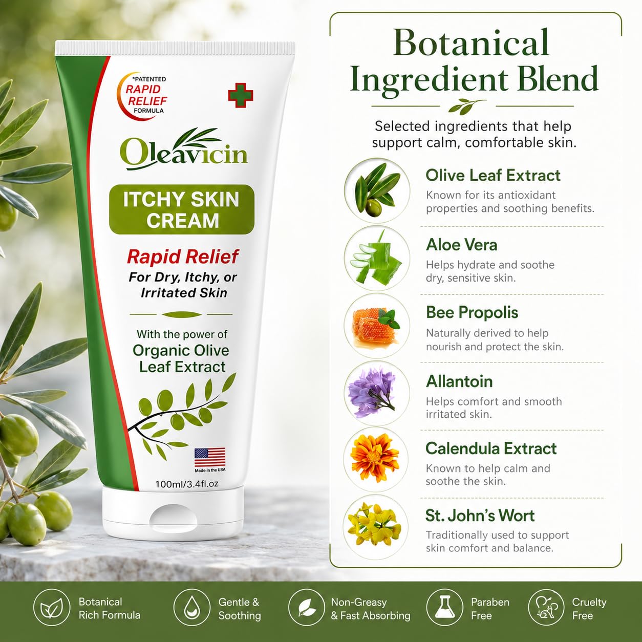 Oleavicin Extra Strength Anti-Itch Cream (3 Pack) - Fast-Acting Relief for Dry, Itchy Skin - Natural Rash & Fungal Itch Treatment with Organic Olive Leaf Extract - Soothing for Sensitive Skin
