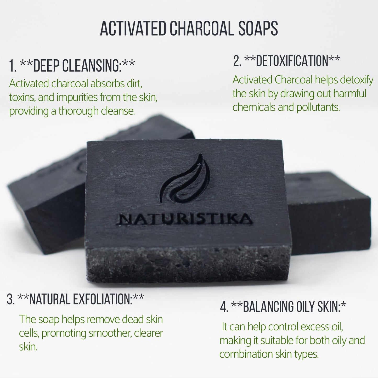 Naturistika Activated Charcoal Soap Bar (3 Pack), Vegan and All Natural Handcrafted with Organic Oils. Face and Body Soap. For Men, Women and Teens. Unscented.
