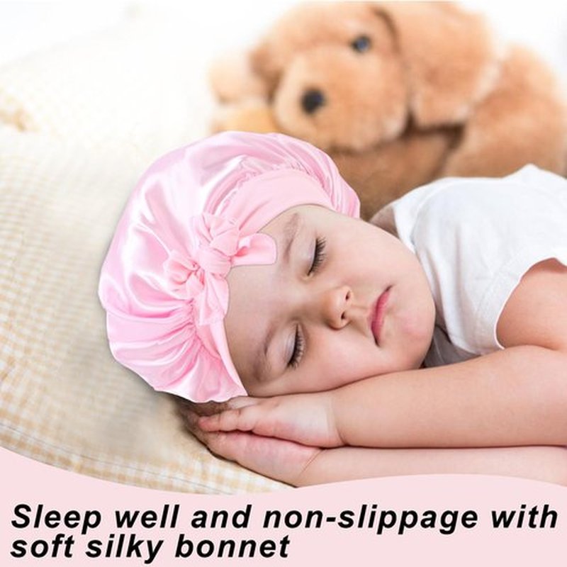 3 Pcs Kids Silk Bonnet for Sleeping - Baby Hair Bonnet for Sleeping,Kids Satin Bonnets for Girls with Adjustable Wide Elastic Band,Sleeping Cap for Teens Toddler Child Curly Hair(Pink+Purple+Yellow)