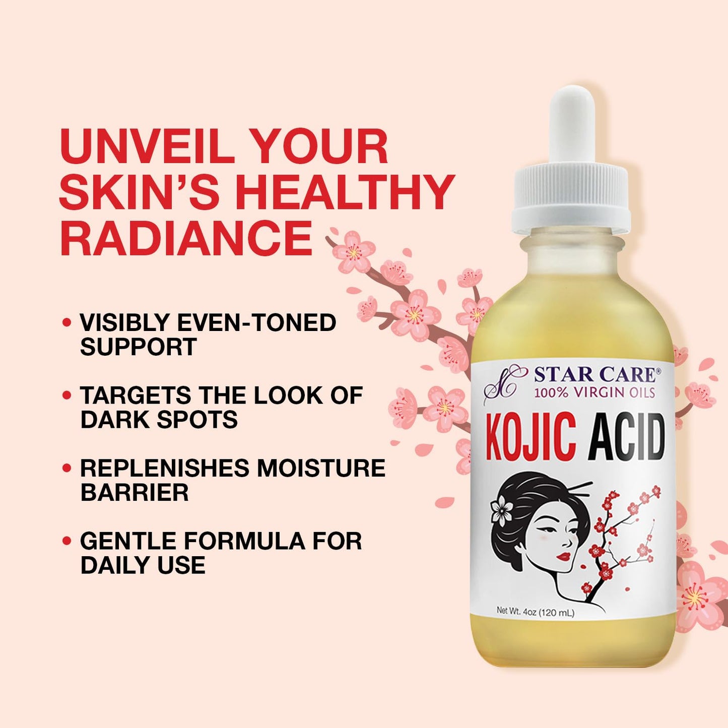 STAR CARE 100% Virgin Kojic Acid Oil, Brightening & Moisturizing Face & Body Oil, Dark Spot Corrector, Even Skin Tone, 4oz / 120ml