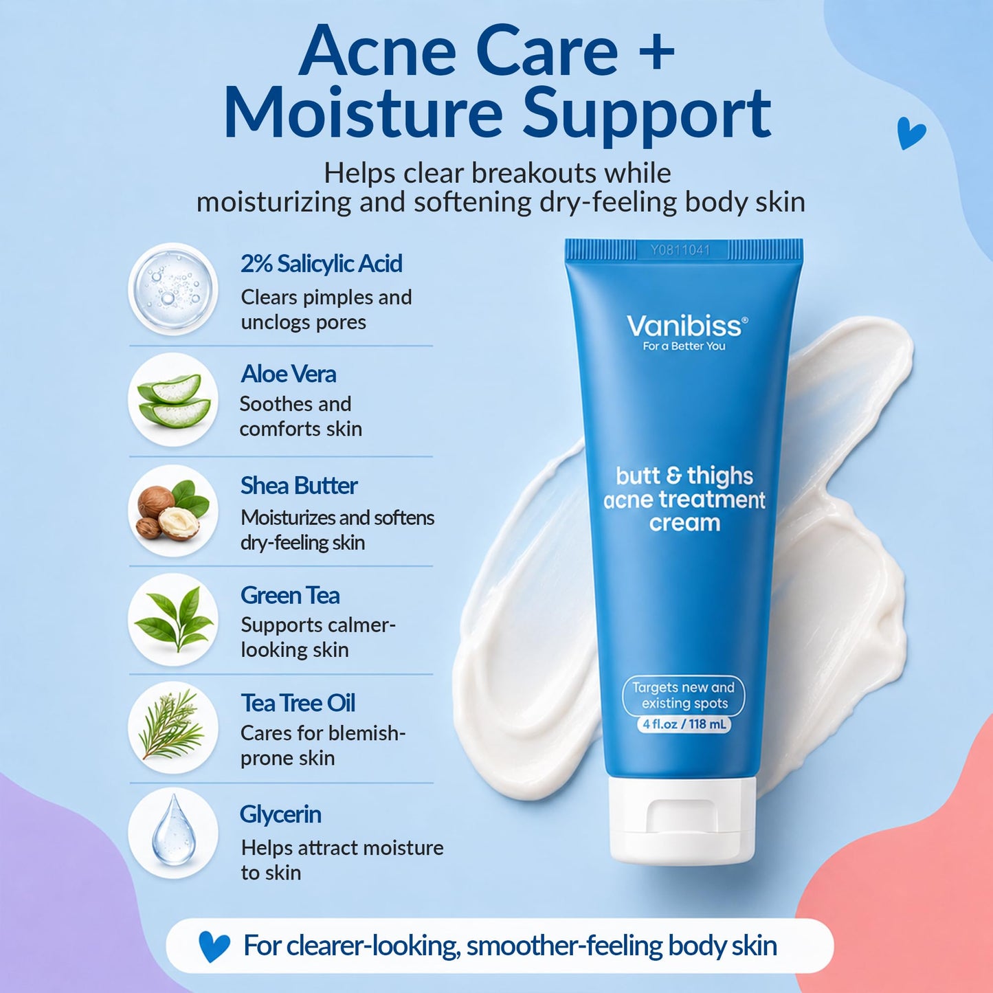 Vanibiss Butt & Thighs Acne Treatment Cream, 2% Salicylic Acid, 4 fl.oz