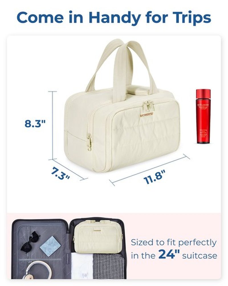 BAGSMART Travel Toiletry Bag, Lightweight Large Wide-open Travel Bag for Women, Puffy Cosmetic Makeup Bag Organizer with Handle for Accessories,Essentials, Toiletries, Grayish Brown