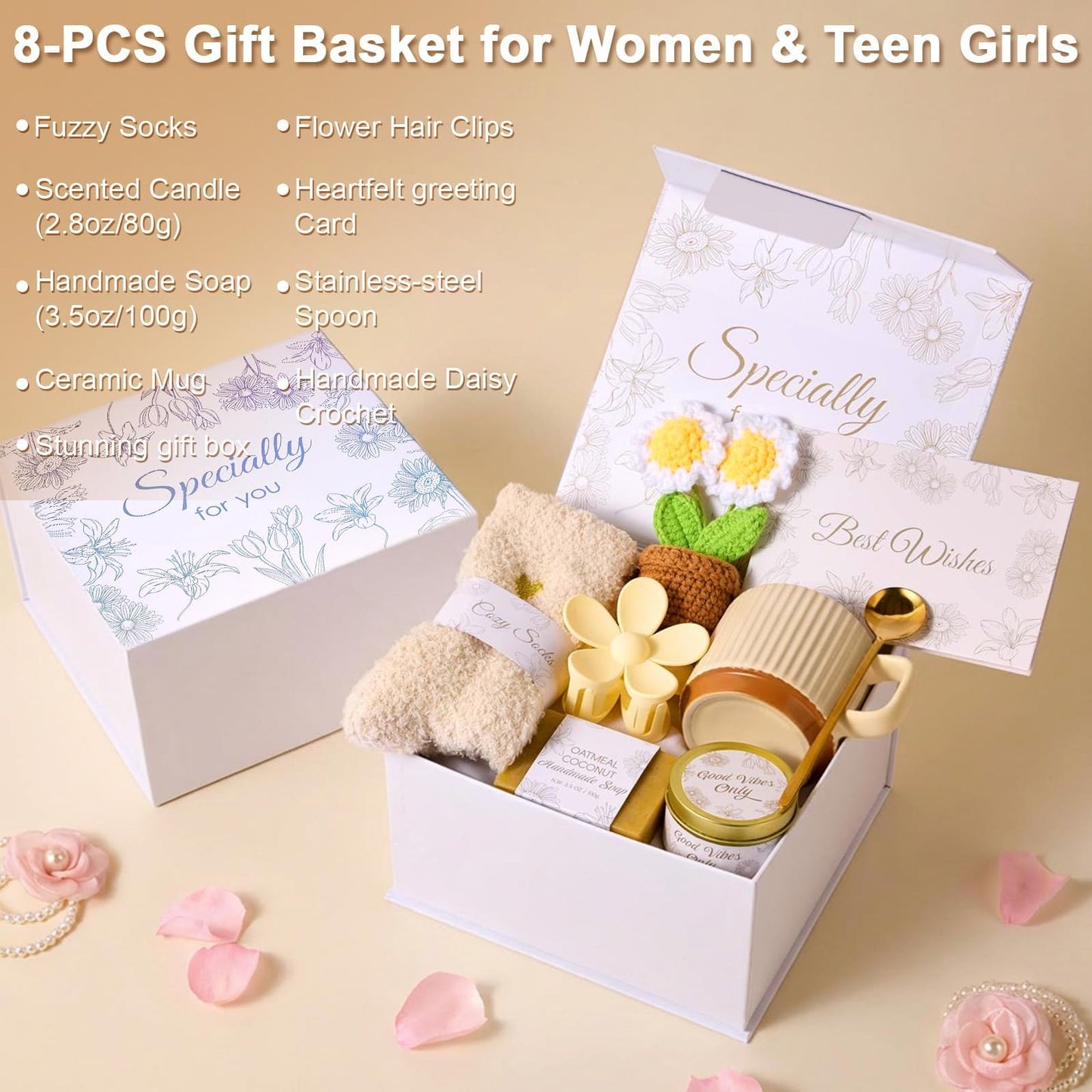 ENJOLLY 8PCS Birthday Gifts Box for Women Care Package Baskets for Women Hug in a Box Self Care Get Well Soon Gift Set for Mom Wife Girlfriend Sister Friends (White)