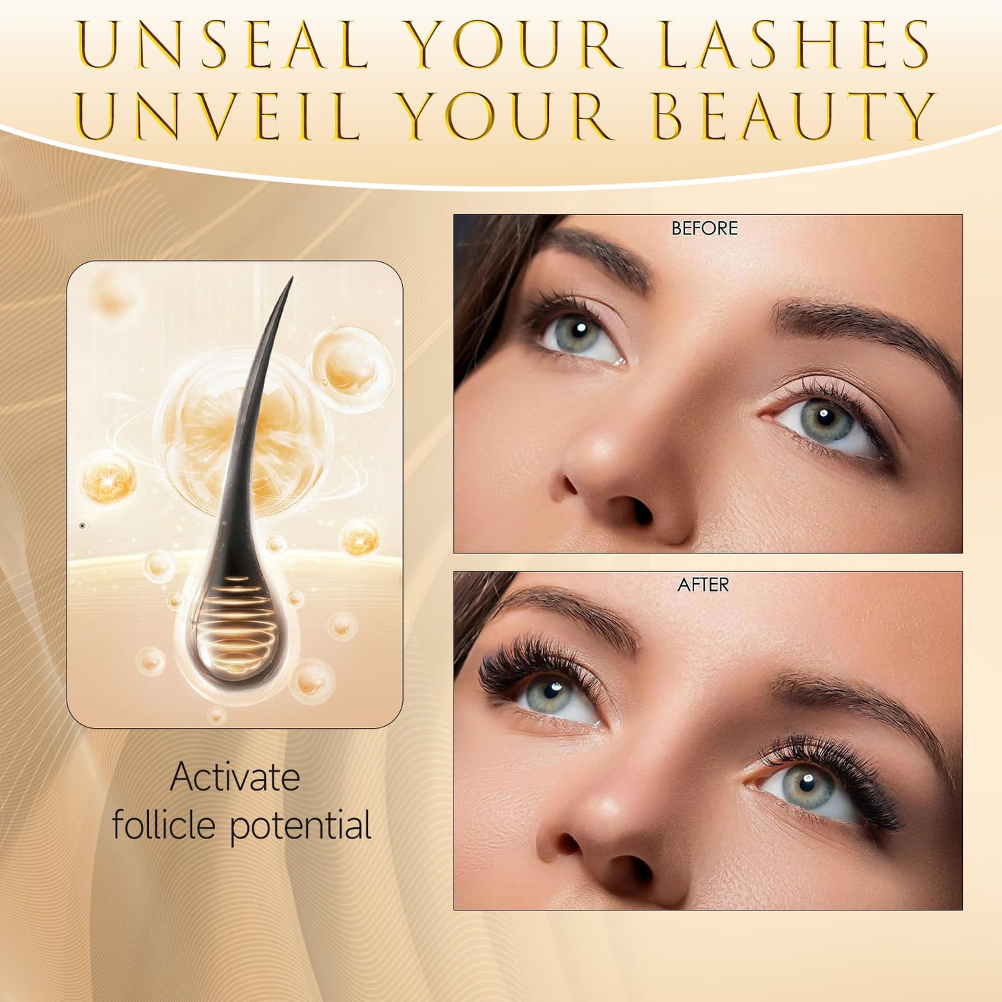 Eyelash Growth Serum – 15 Plant Extracts for Longer, Denser & Robust Lashes,Boosts Natural Lash Development,eyelash serum,Enhance Natural Beauty, Hypoallergenic Oil Free,lash growth serum（PURE GOLD）