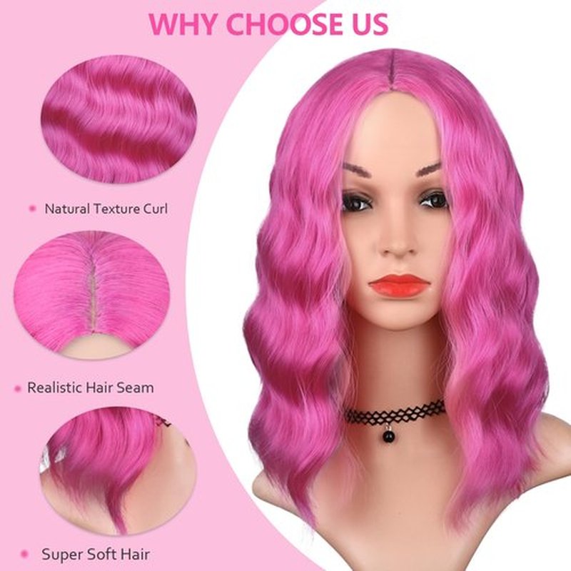 BEAUTIFA Hot Pink Wig for Women Wavy Curly Pink Bob Wigs Middle Part 14 Inch Shoulder Length Heat Resistant Synthetic Colorful Wig